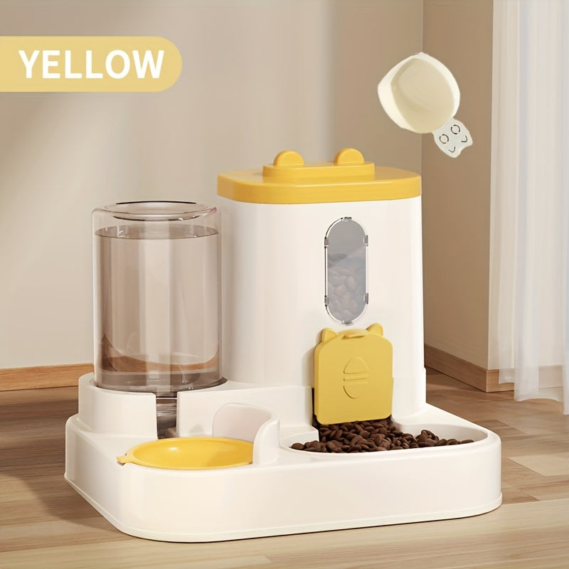 Fully automatic cat food and water dispenser in one, with a cute design.