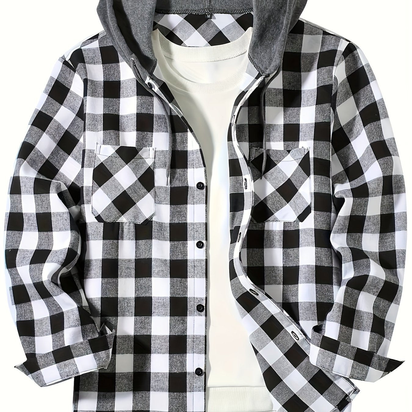 Men's plus size plaid hooded shirt with long sleeves, double pockets, and casual loose fit, made from polyester fabric. Suitable for spring or autumn, in a college-style design and