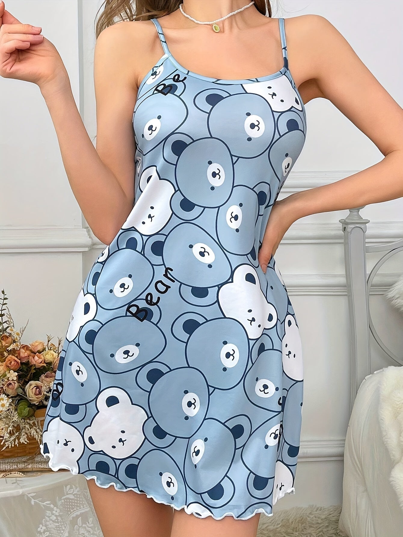 Bear-print nightgown with lettuce trim and backless design, perfect for casual sleepwear.