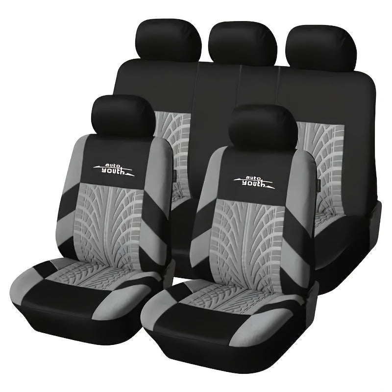 Polyester car seat cover for 5-seater vehicles, breathable and stain-resistant, with tire tread design. Fits sedans and SUVs.