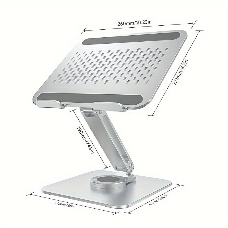 Aluminum laptop stand with 360° rotating base, ergonomic design, dual adjustment knobs, sturdy and non-slip. Fits MacBook and all laptops up to 40.64cm, ideal for home office.