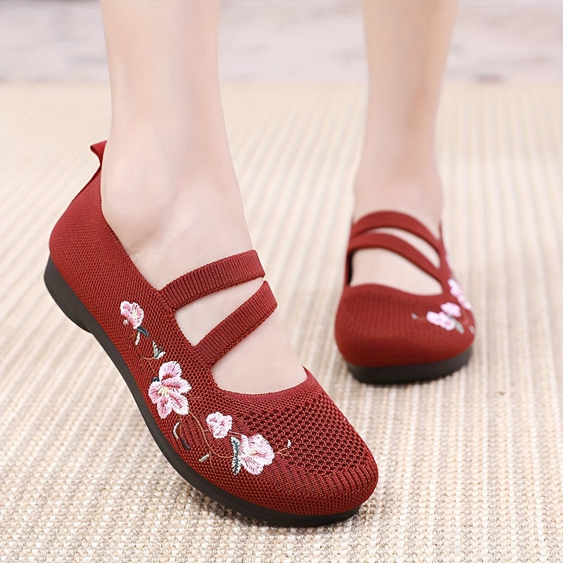 2024 Women's Summer Casual Knit Flats in Purple & Red with Soft Sole & Embroidered Floral Design, Lightweight & Comfortable Textile Footwear