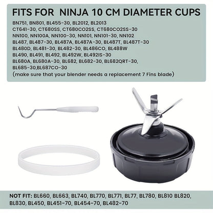 7-Fin Extractor Blade Assembly made of Stainless Steel, includes Rubber Gasket, compatible with Nutri Ninja Blenders Auto iQ BL480 BL482 BL642 BL682 NN102. This Juicer Part and Accessory is Food Contact Safe.