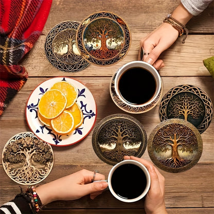 8pcs Tree of Life Wooden Coasters - Artistic Design, Ideal for Drinks, Coffee, Tea - Perfect Home or Restaurant Gift