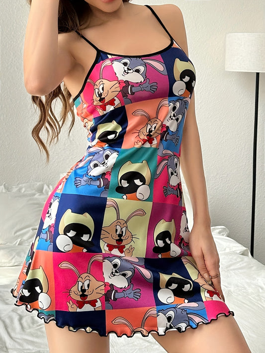 Cartoon print nightgown with backless design and frill trim, perfect for women's sleepwear.