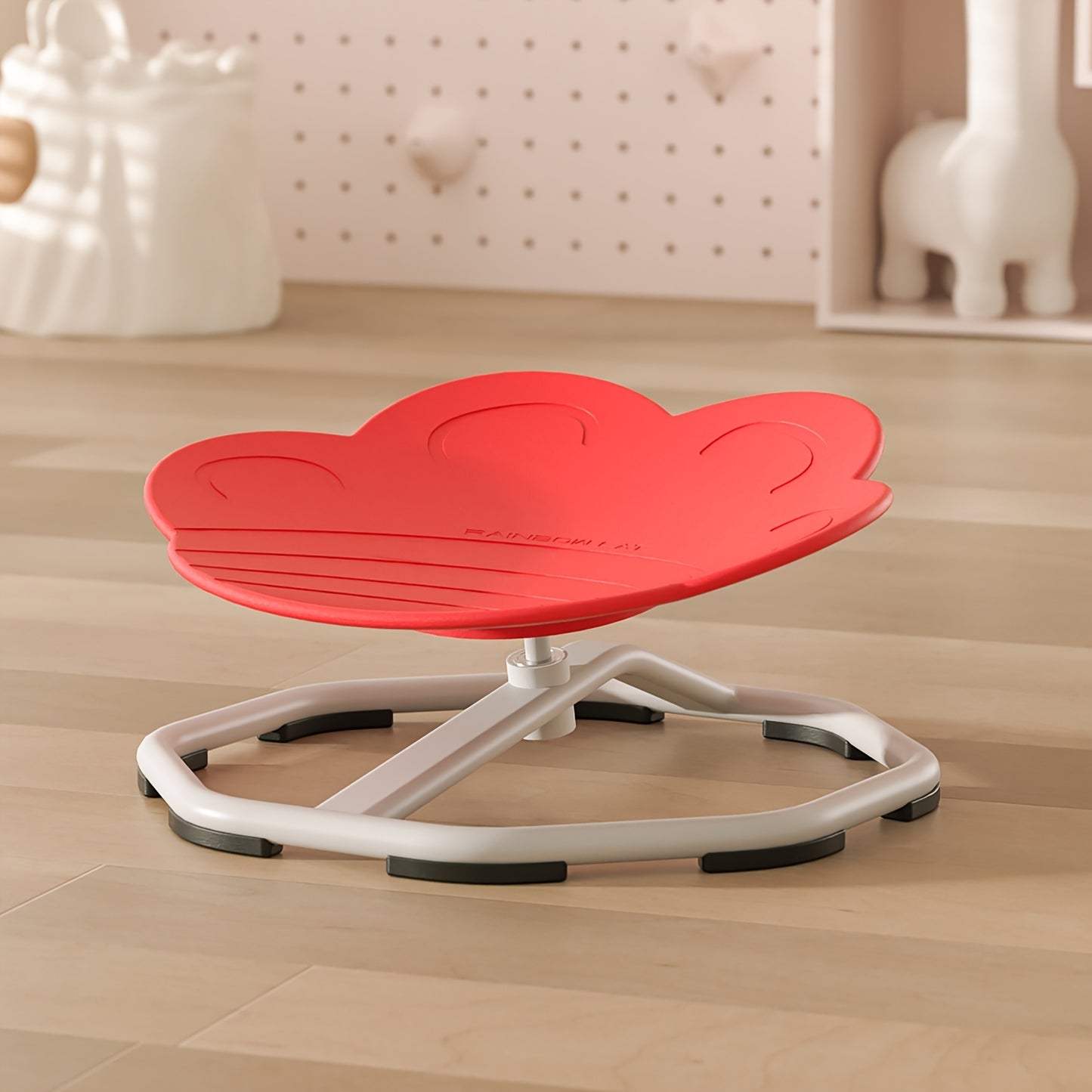 Children's red spinning chair made of durable plastic and metal, enhances coordination and focus, promotes body movement.