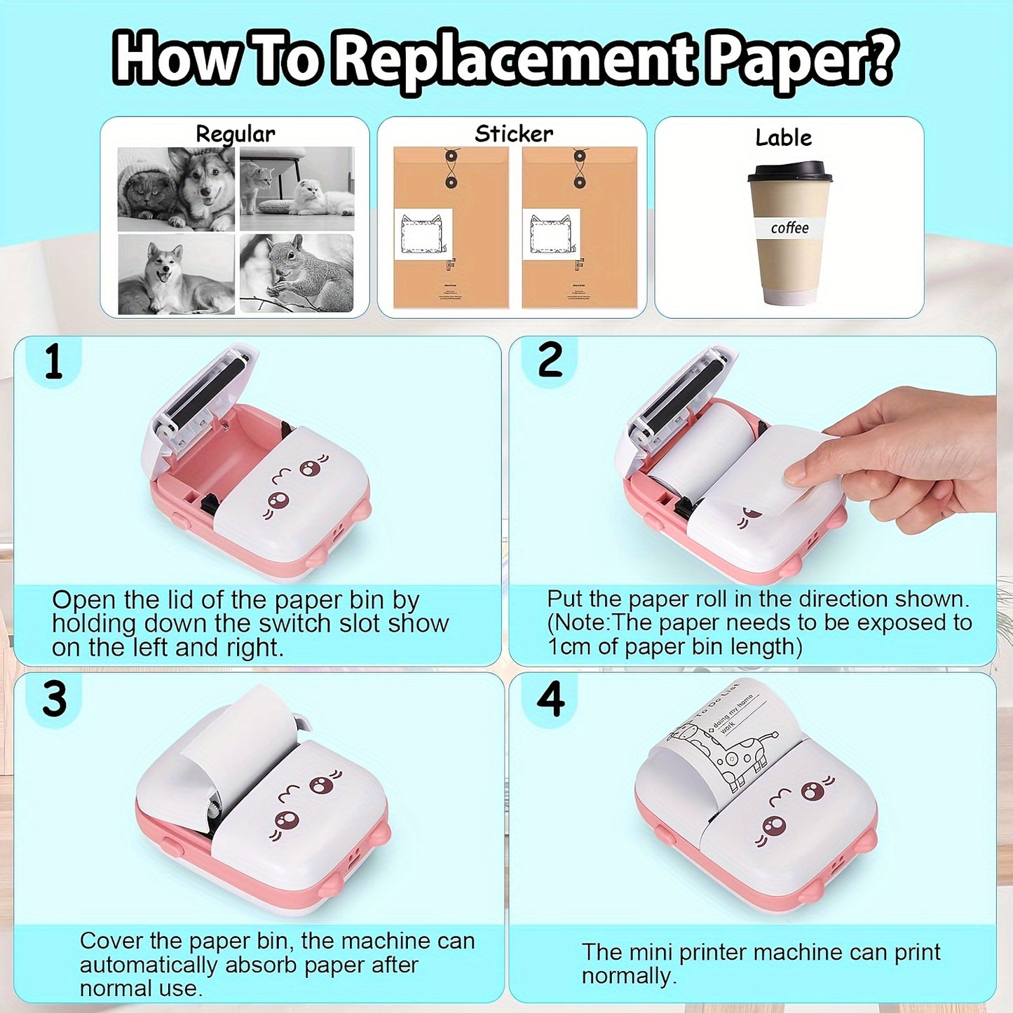 Mini Label Printer uses thermal printing, has single color output, is USB charged, compatible with iOS & Android, has 1200mAh rechargeable lithium battery, wireless connectivity, for