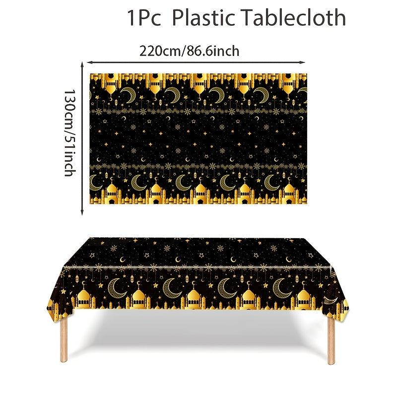 Eid Mubarak tablecloth for Islamic celebrations, featuring moon and star design in black and gold. 130x220cm machine-made plastic tablecover for Eid Al Adha and Ramadan Kareem parties.