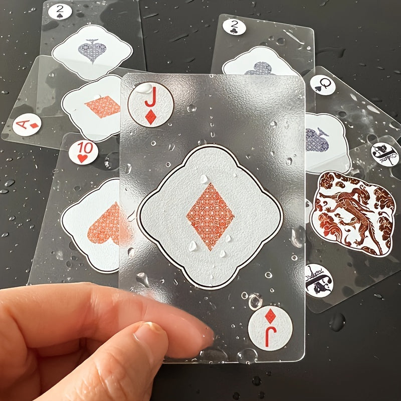 Waterproof transparent plastic playing cards with creative crystal design. Durable PVC material, suitable for ages 14+. Ideal for board games and classic card games.