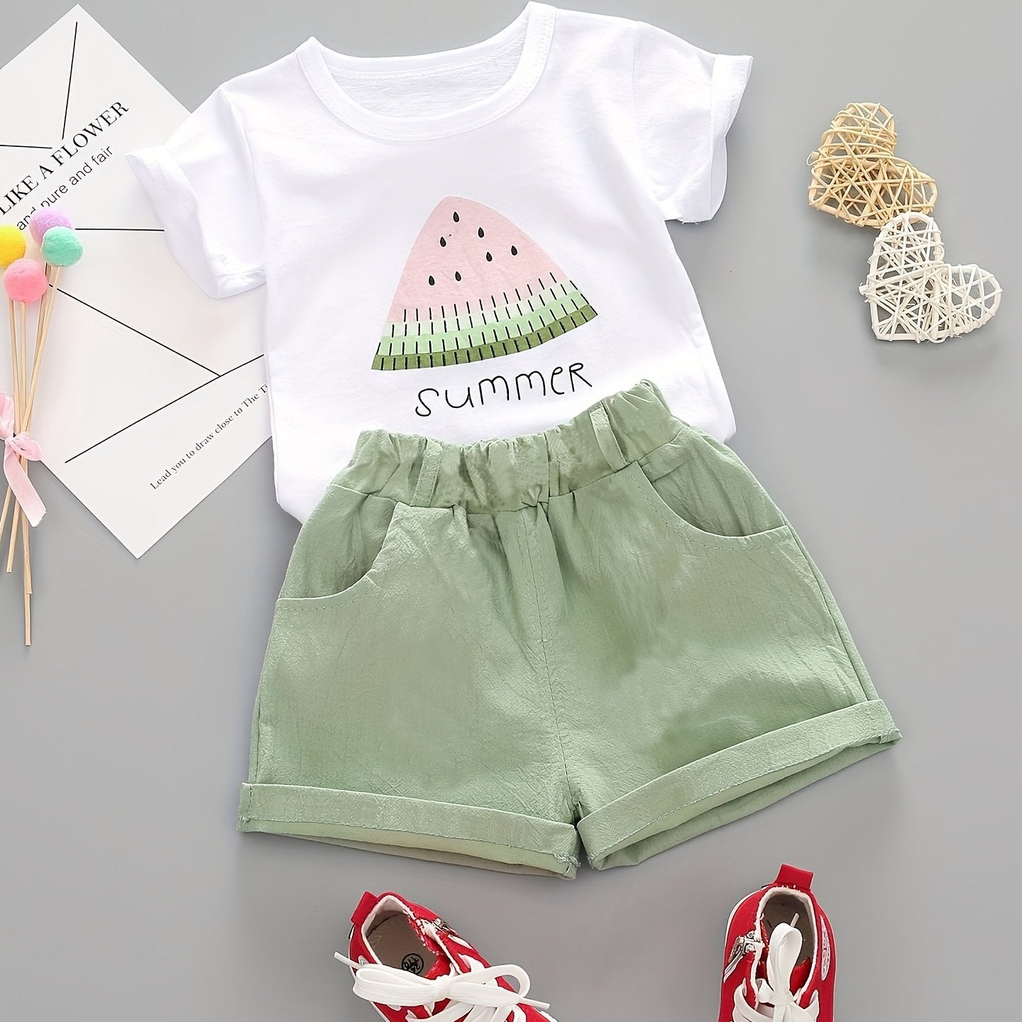 Baby girls summer 2-piece cotton set with watermelon pattern tee and casual shorts.