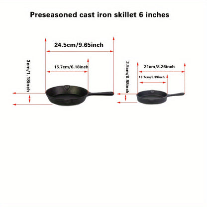 This 4-Piece Set of Cast Iron Skillets is Pre-Seasoned and Must be Hand Washed. Suitable for Indoor and Outdoor Use, Compatible with Grill and Stovetop. Set includes Chef Sizes 25.4cm, 20.32cm, 15.24cm, and 10.16cm with Cast Iron Handles.