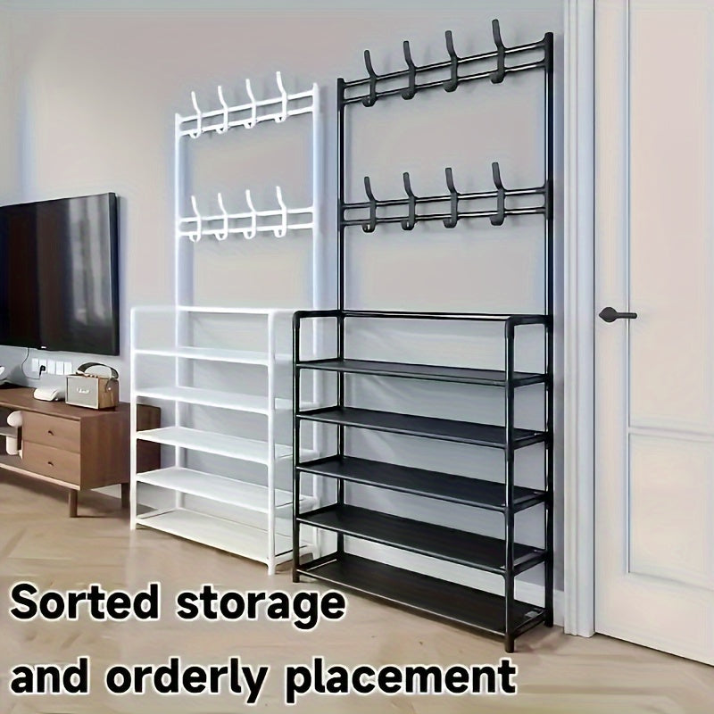 Create a Stylish and Organized Entrance with the [Modern Charm] Black Metal Entryway Organizer - 152.4cmxMJ Coat Rack Featuring Hooks & Shoe Shelves. Made from Durable Zinc Alloy with a Bubble-Free Finish, Perfect for Storing Clothes, Hats, Bags, and