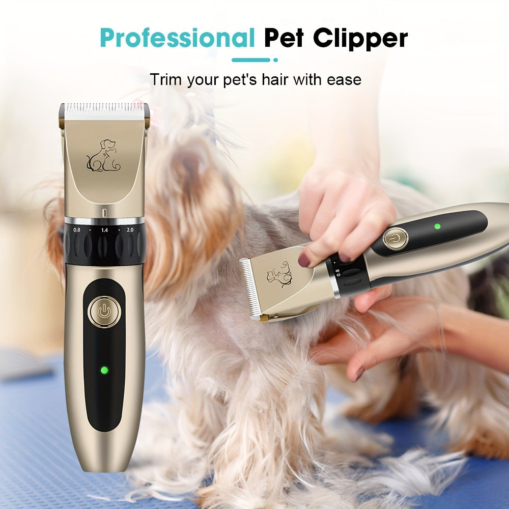 Electric pet hair trimmer with removable blade and rechargeable battery.