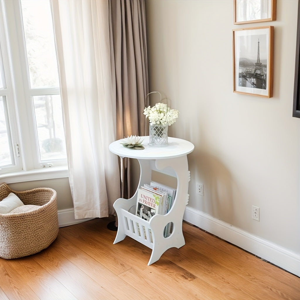 Introducing the 1pc Modern White Wooden Mini Round Side Table featuring a Storage Shelf. This table boasts a Creative Simple Design, making it Ideal for Travel, Outdoor use, and Small Spaces. It is also Easy to Assemble, with a Leg-Based Structure that