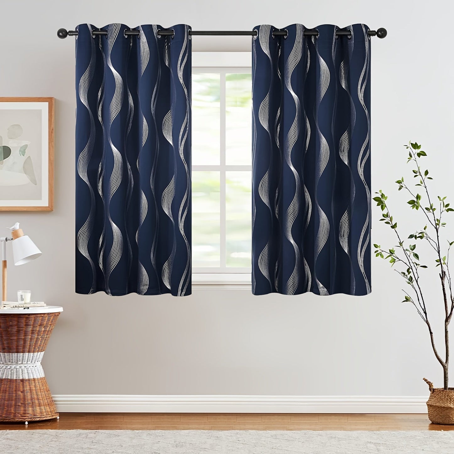 Two pieces of contemporary blackout curtains made from high-quality woven polyester, featuring a grommet top design for easy hanging. These room darkening drapes are machine washable and showcase a fantasy stripe pattern with eyelet detailing. Suitable