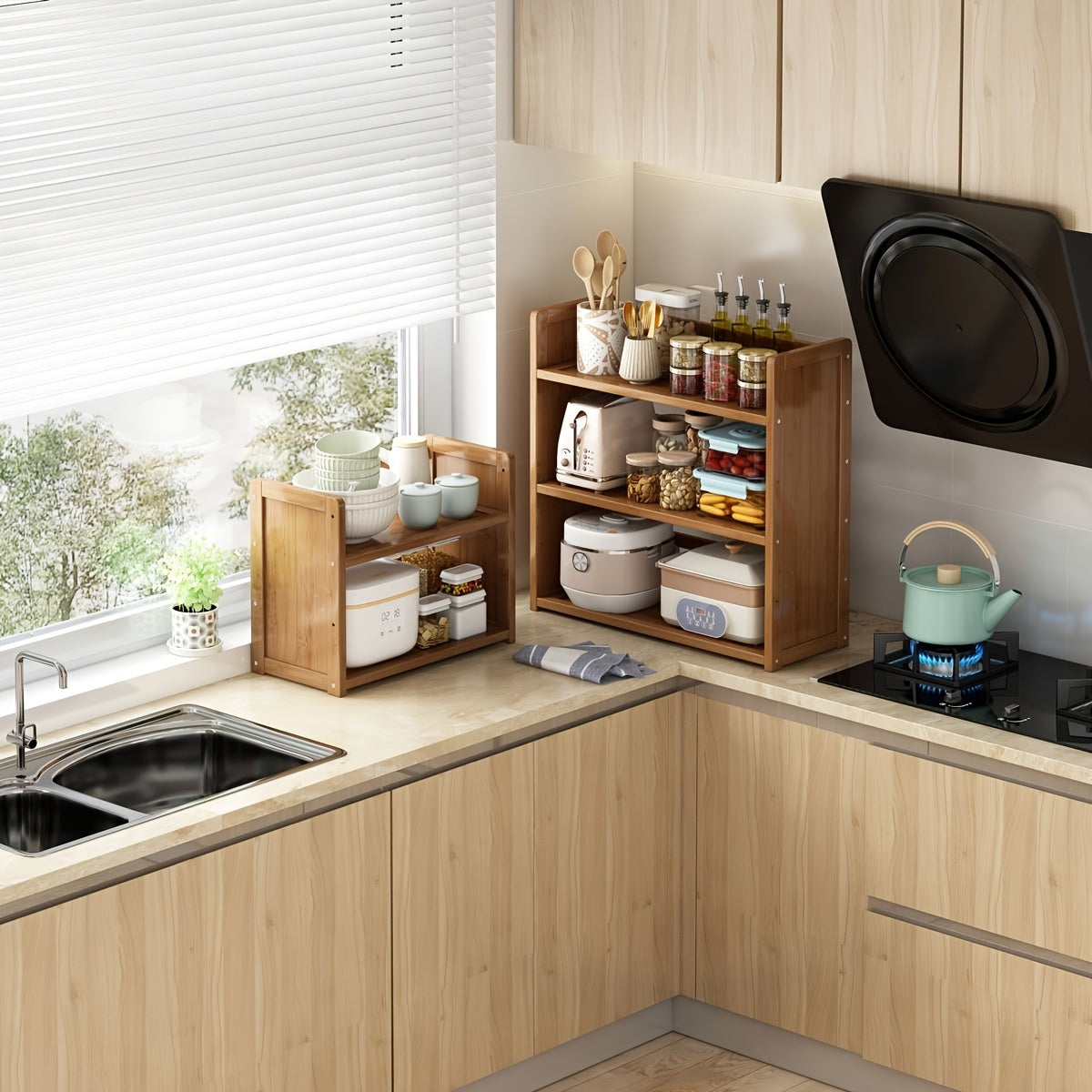 Large freestanding organizer made of brown hardwood, designed with open shelves for kitchen storage. Easy assembly with no power needed, perfect for home and kitchen use.