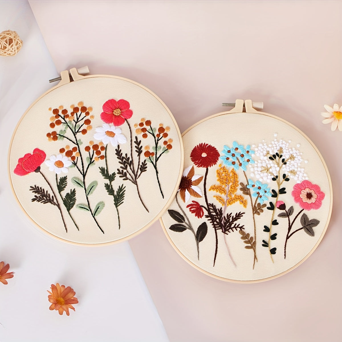 4-piece embroidery kit with floral pattern, hoops, floss threads, and needles, along with a 3-pack cross stitch kit for beginners.