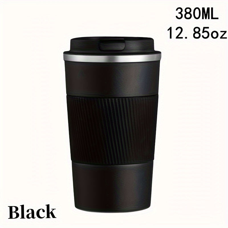 Stainless steel travel mug, available in 12.85oz or 17.25oz sizes. Features vacuum insulation for keeping drinks hot or cold, spill-proof leakproof lid, and double-walled design. Perfect for coffee, tea, or beer on-the-go. Reusable and durable.