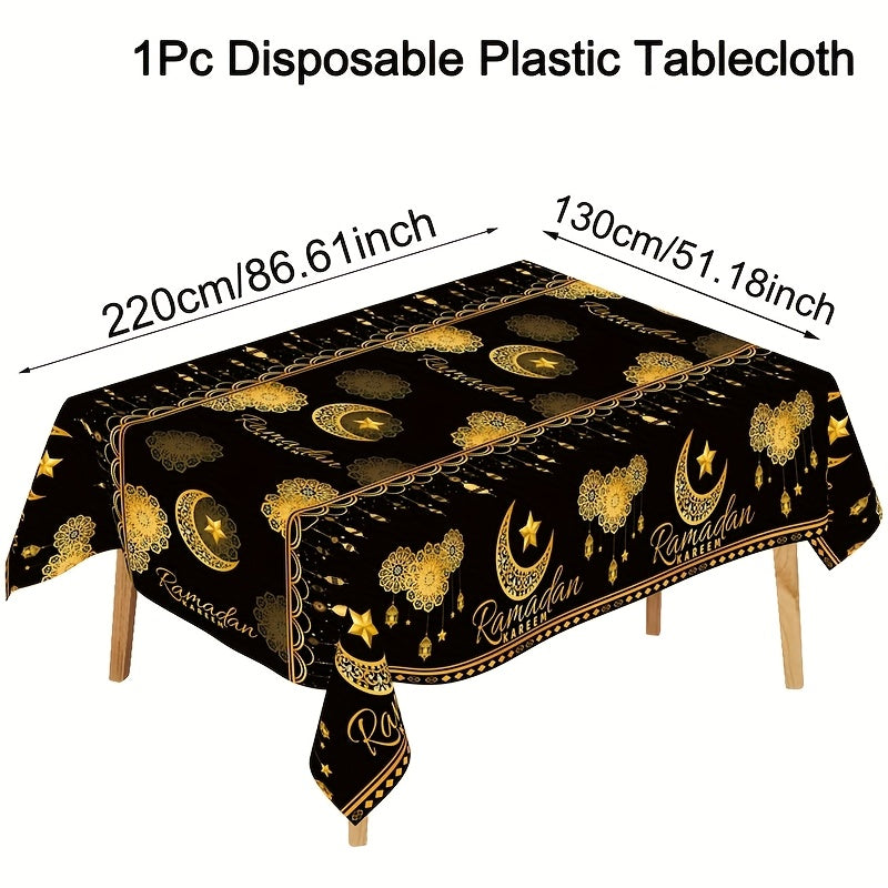 Ramadan-themed disposable plastic tablecloth with black and golden moon, lantern, and star design, sized 130x220cm. Perfect for Eid Al-Fitr & Eid Al-Adha celebrations.