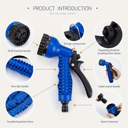 1 Set High-Pressure Garden Hose, Expandable 3X Soft Rubber with 7-Function Nozzle and Universal Connector. Options for 15.24/22.86/30.48/38.1 meters. Durable for Watering, Car Wash