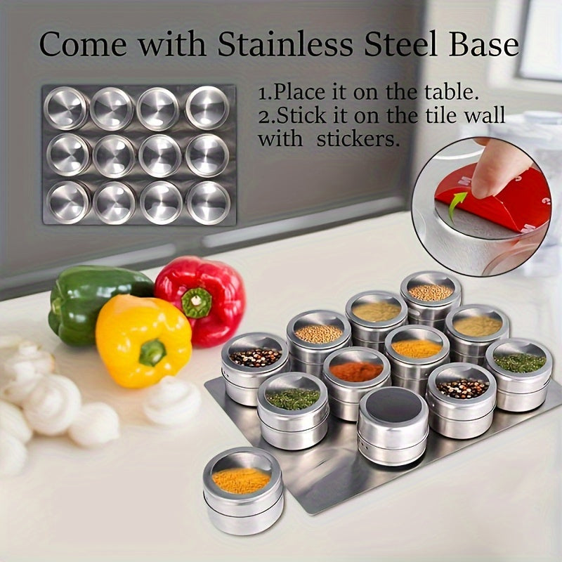 Set of 12 magnetic spice containers including seasoning jars, spice jars, and spice tins. Also includes salt and pepper shakers, spice shakers, and a salt bottle. Perfect addition to any kitchen accessories collection.