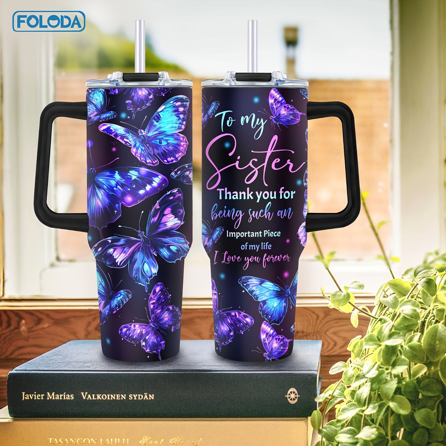 FOLODA 40oz stainless steel tumbler with butterfly design, straw included. Ideal gift for sisters for various occasions. Suitable for running and outdoor activities.