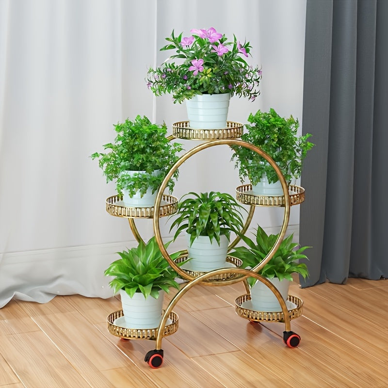 European-style metal hanging plant stand with wheels, multi-level mobile planter rack, circular design for indoors and outdoors.