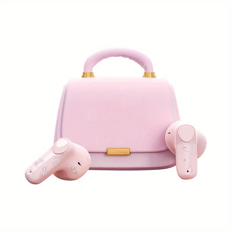 Handbag-shaped wireless headset featuring ENC voice noise cancellation, USB Type-C charging, crystal microphone, and rechargeable lithium polymer battery. Portable and cute design with