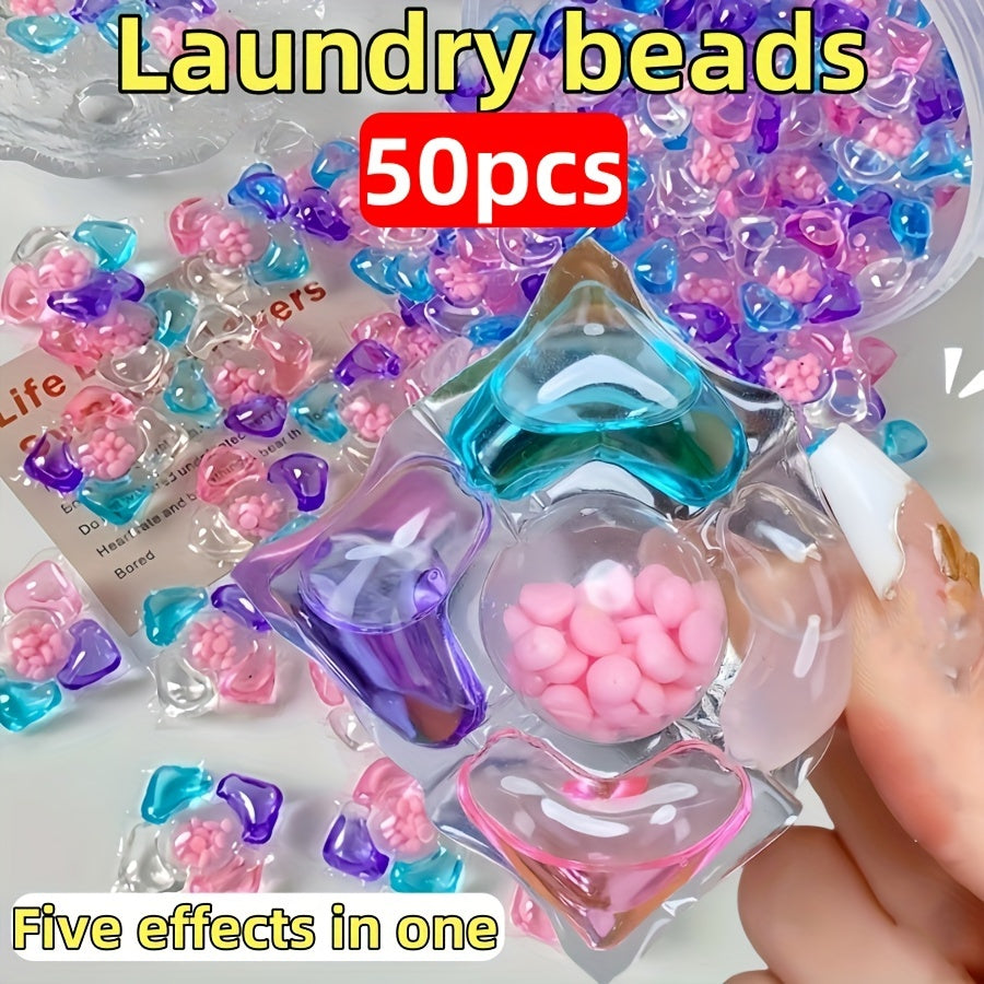 25/50 count 5-in-1 laundry detergent pods with concentrated formula and long-lasting scent beads for soft, stain-removing clothes that are easy to rinse.