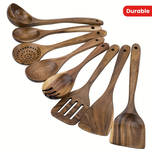 Set of 8 Acacia Wooden Kitchen Utensils, Non-Stick Cookware Tools, Durable Cooking Spoons and Spatulas, Multi-Purpose Kit