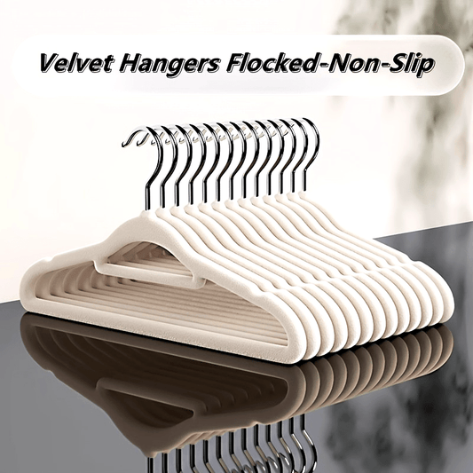 Set of 10 Velvet Hangers with Non-Slip Flocked Design, 360° Swivel Hook, Black Color, Space-Saving Wardrobe Organizers for Shirts, Pants, and More