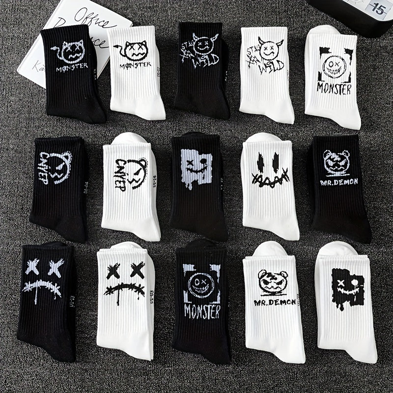 Men's trendy graffiti crew socks, 3/5/8/10 pairs, breathable and comfy for outdoor wear