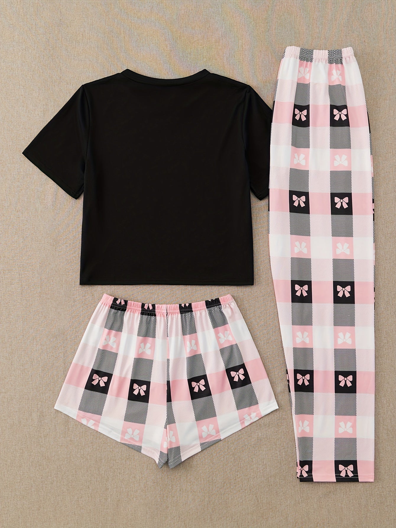 Women's Bow Print Pajamas Set with Short Sleeve Top and Plaid Bottoms