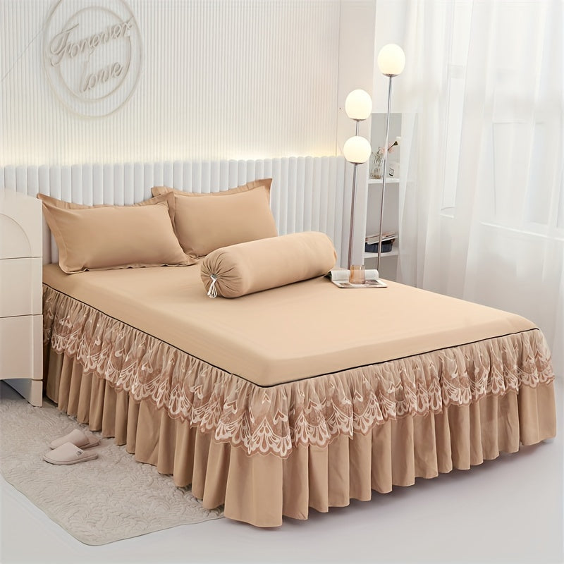 Chic 3-Piece Bed Skirt Set Featuring Double Layer Lace - Comes with 1 Bed Skirt and 2 Pillowcases, in a Solid Color. Non-Slip and Perfect for All Seasons, this Set is Machine Washable for easy care.