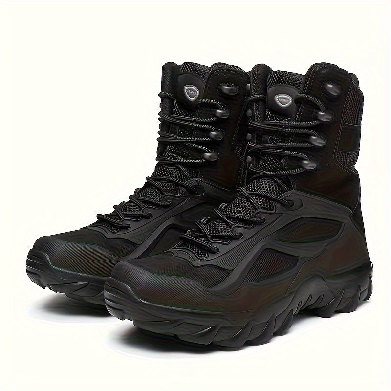 High-top hiking boots for men with durable PU and fabric upper, cushioned EVA insole, and rugged MD sole - perfect for hiking and outdoor activities.