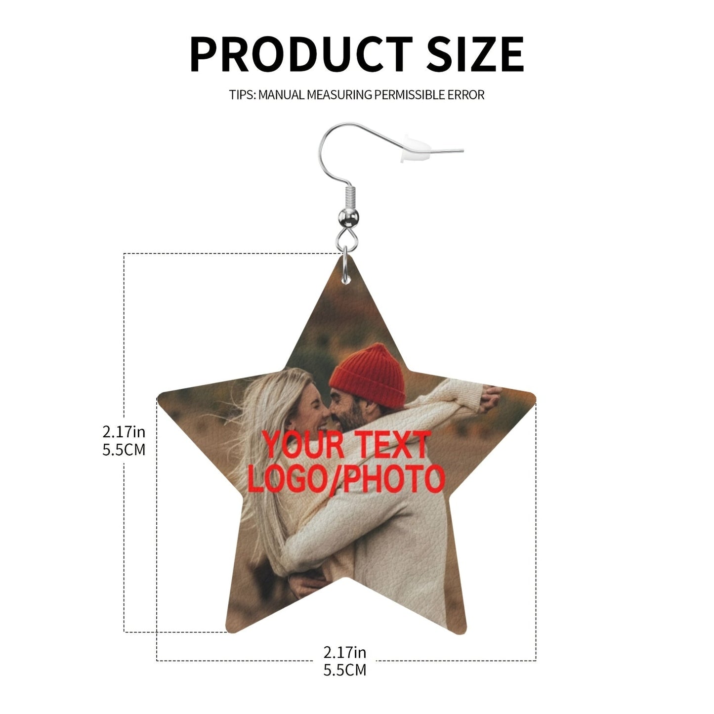 Beautiful pair of personalized leather star earrings, with custom text/photo/logo design, made with 925 silver plating. Perfect for special occasions like anniversaries, weddings, Mother's Day, birthdays, and Christmas. This versatile jewelry is suitable