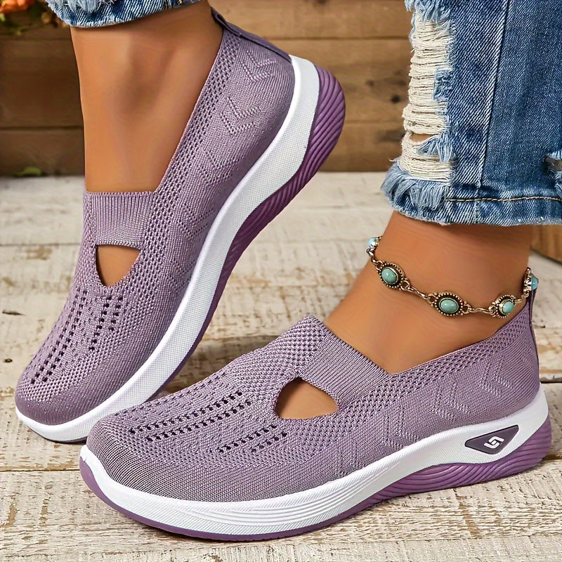 Women's breathable knit slip on sneakers, lightweight and solid colored.