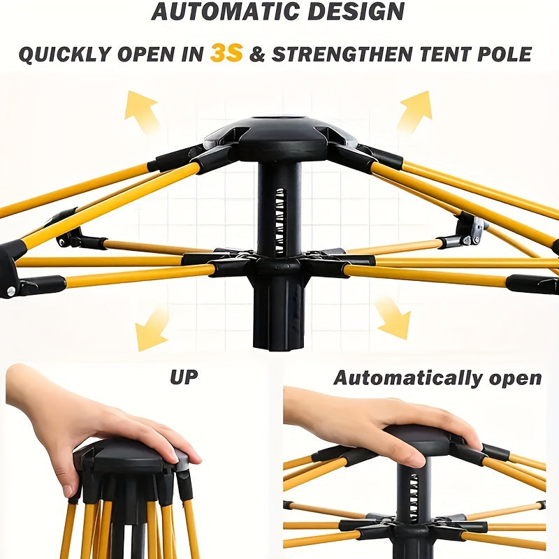 Portable and foldable 6-person family camping tent with automatic setup, ventilated sunshade, and all-season polyester fabric.