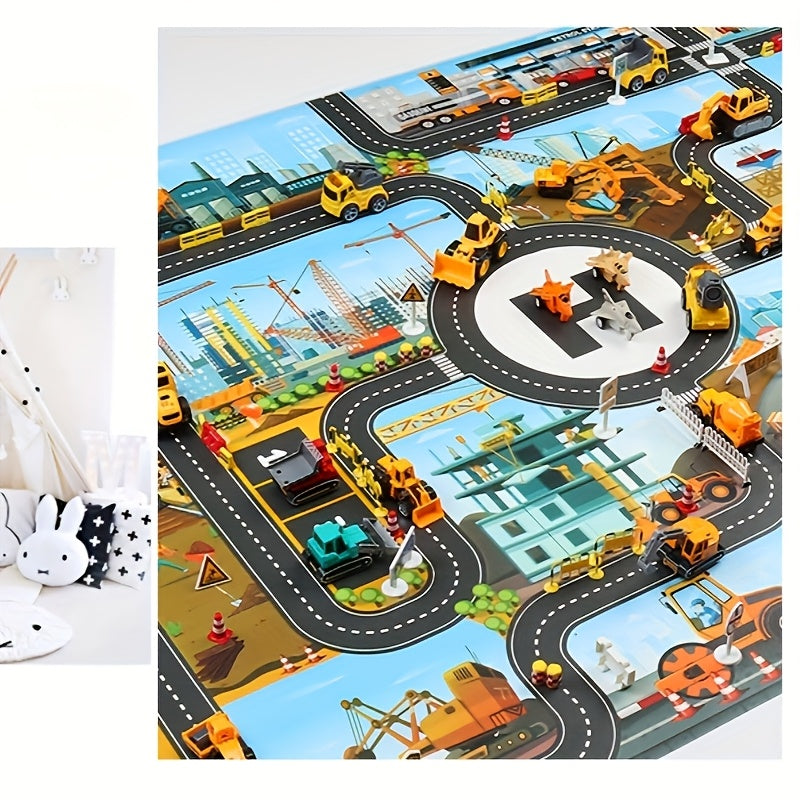 City construction and traffic play mat with mixed colors, includes toy and doll set for youngsters.