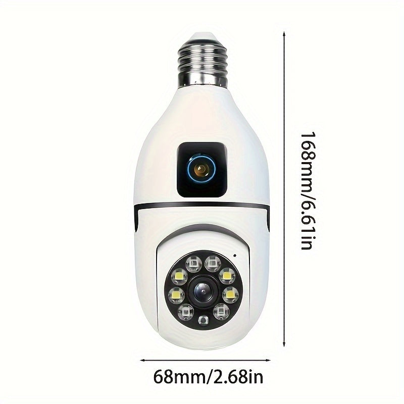 New: "Introducing the 1pc Panoramic Light Bulb Security Camera with Dual Camera technology. This E27 WiFi camera is perfect for home and outdoor surveillance, compatible with smartphones and featuring smart motion detection and two-way audio