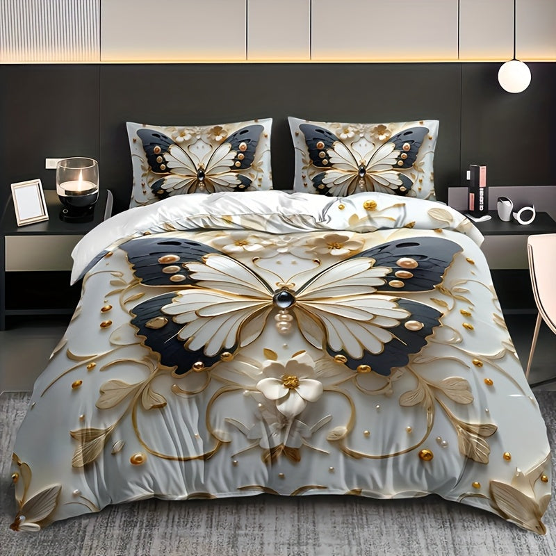 Butterfly floral duvet cover set with animal print, insect theme, and breathable polyester. Includes 1 duvet cover and 2 pillowcases. All-season and machine washable. Digital print