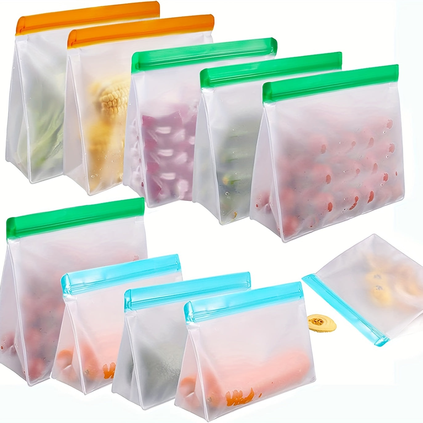 Get a pack of 1 Set Reusable Food Storage Bags made of leak-proof PEVA plastic with a square clip-on closure. Easy to hand wash, these bags are multipurpose for travel or home use. The set includes a 3.79 L bag, 1 sandwich bag, and 1 snack bag, all