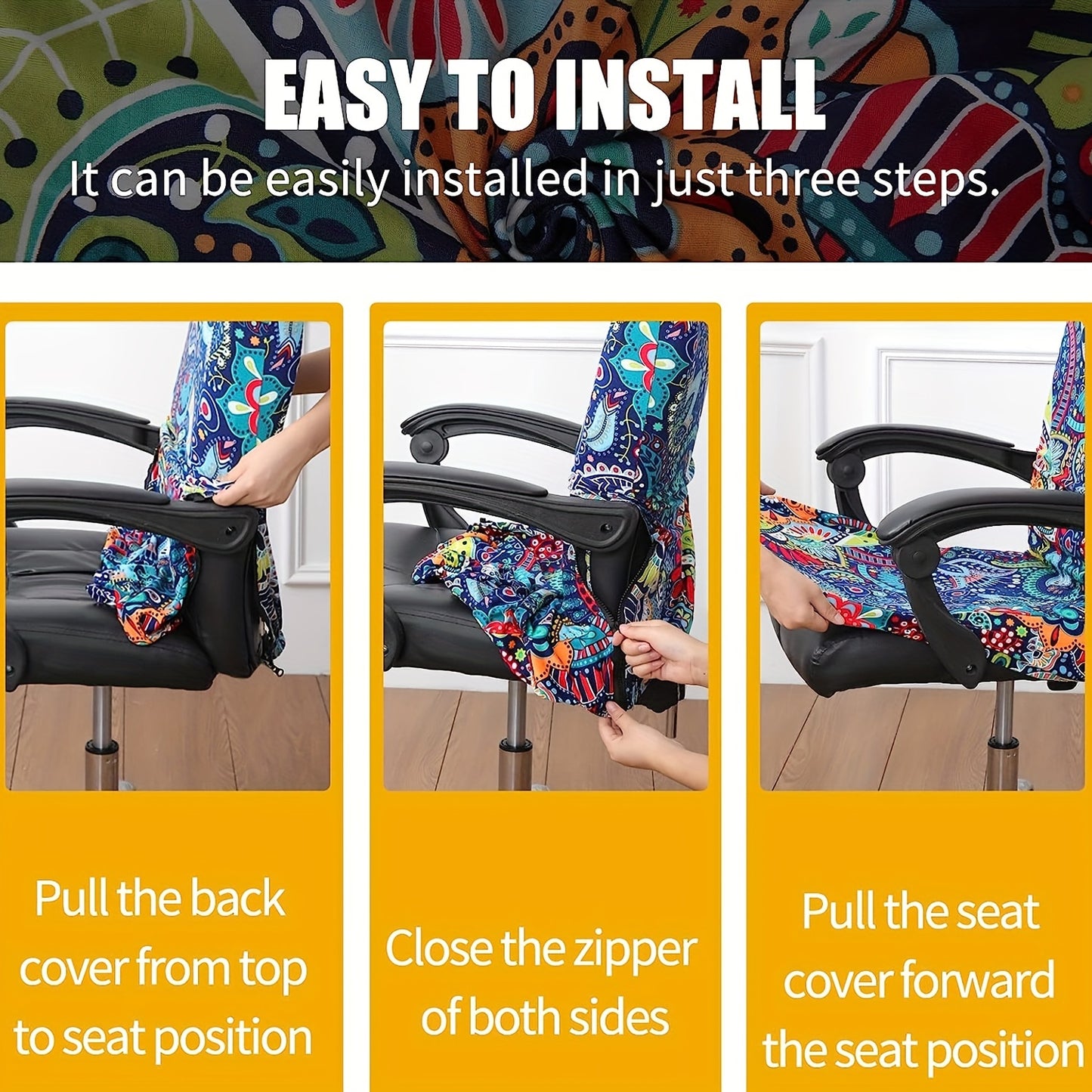 Flexible, washable office chair cover with zipper for desk chairs, made from soft, anti-dust spandex.

(Note: Since the original sentence was already concise, the rewritten version may not be significantly shorter.)