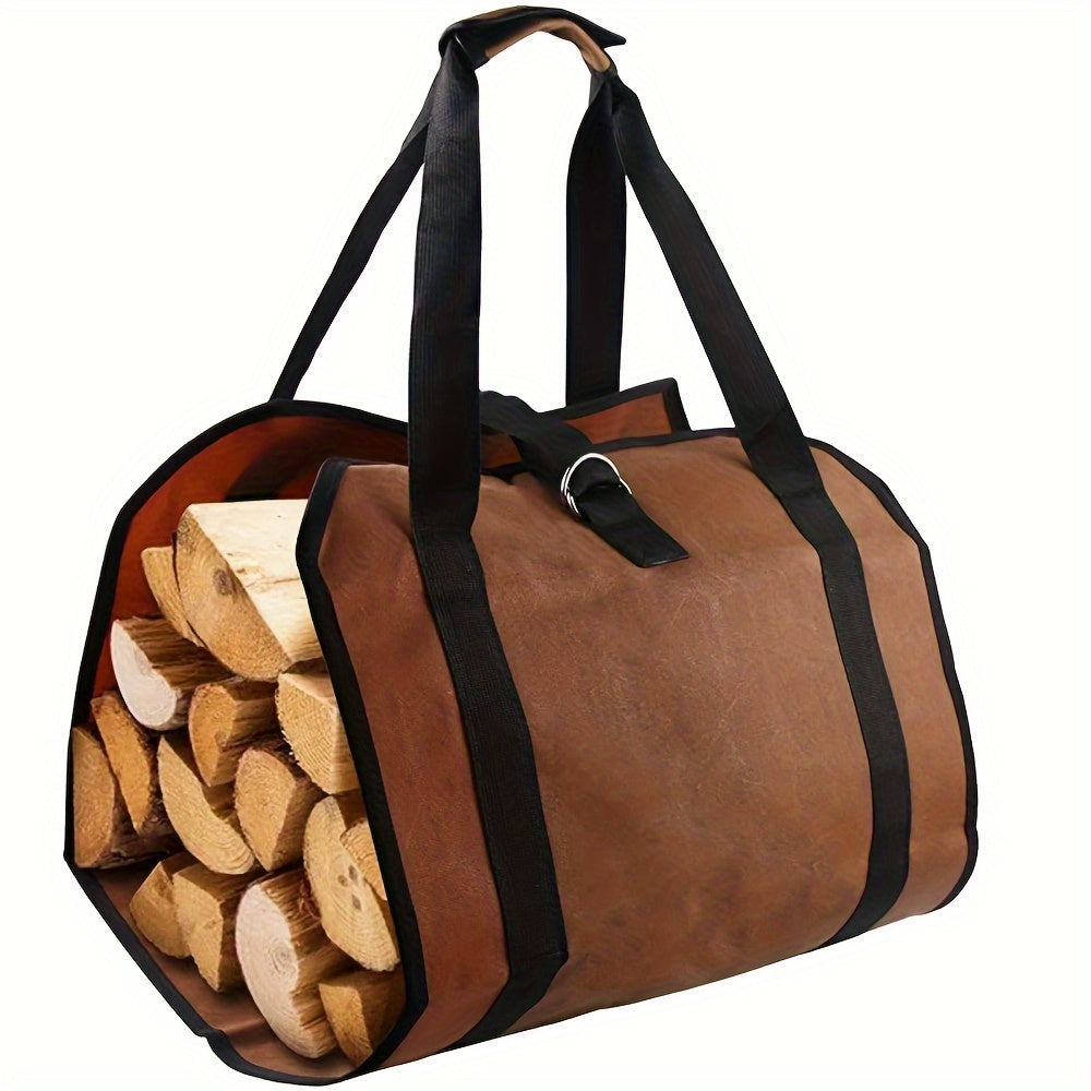 Canvas log tote with handles for carrying firewood, sturdy polystyrene wood holder, essential fireplace accessory for outdoor camping and trips.