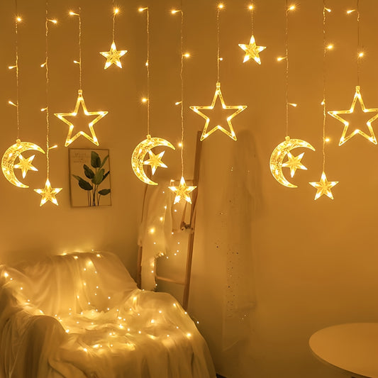 1 LED fairy curtain lights with stars and moon, perfect for Ramadan, weddings, birthdays, parties, and romantic settings - battery-free.