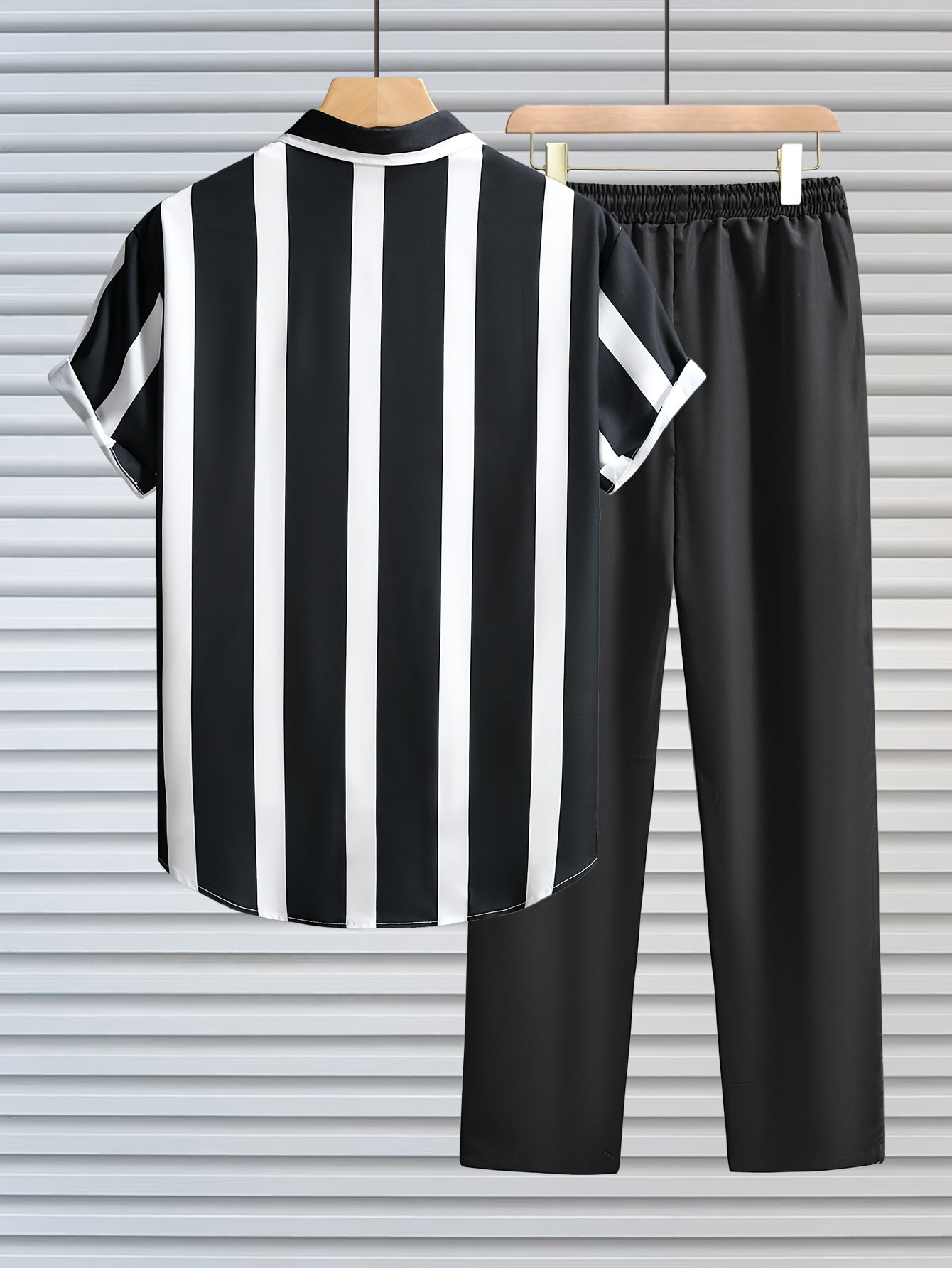 Men's casual outdoor outfit: striped lapel shirt and drawstring pants set.