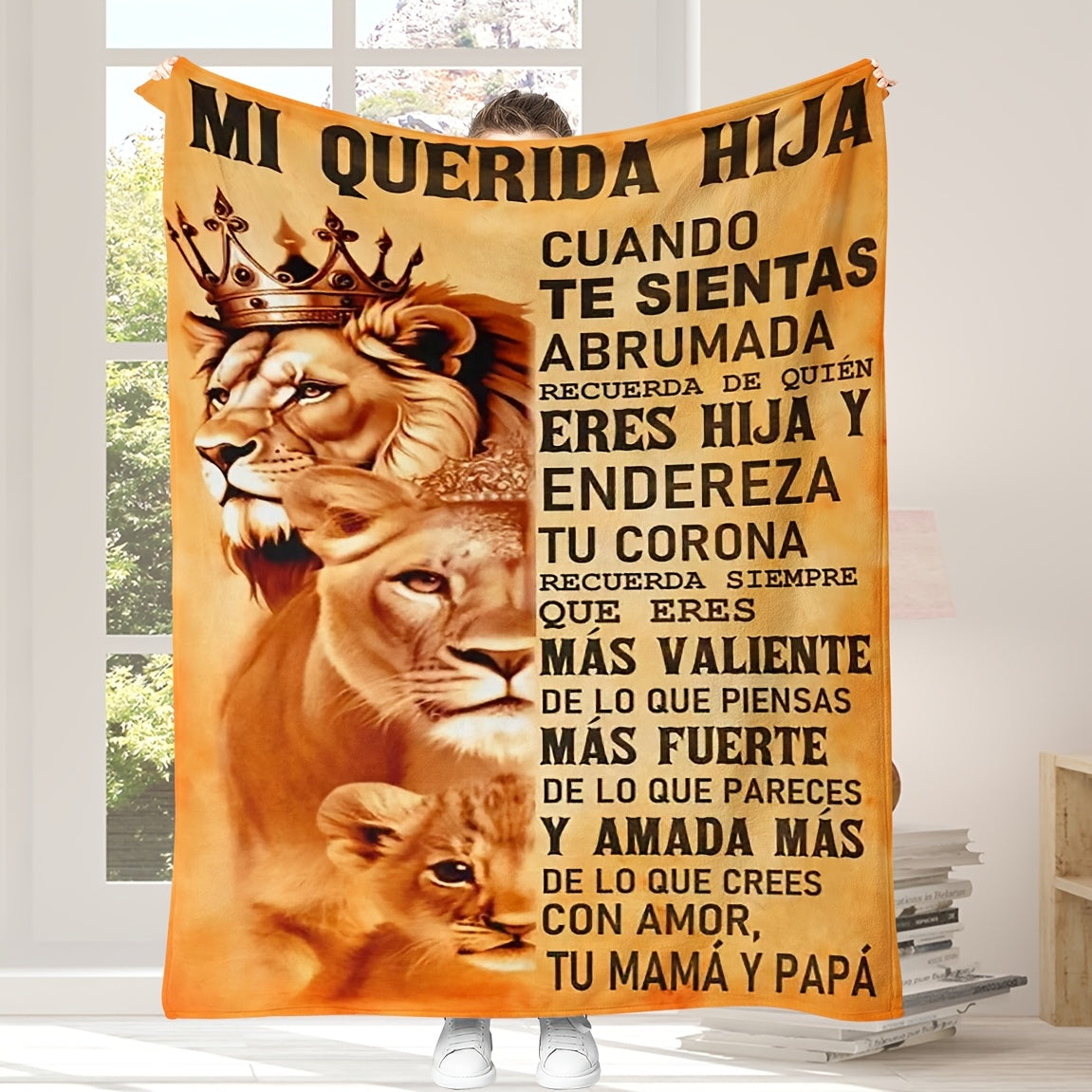 Soft and cozy flannel throw blanket featuring inspirational Spanish quotes from Mom and Dad to their daughter. This versatile blanket is machine washable and perfect for use on the couch, bed, or outdoors.