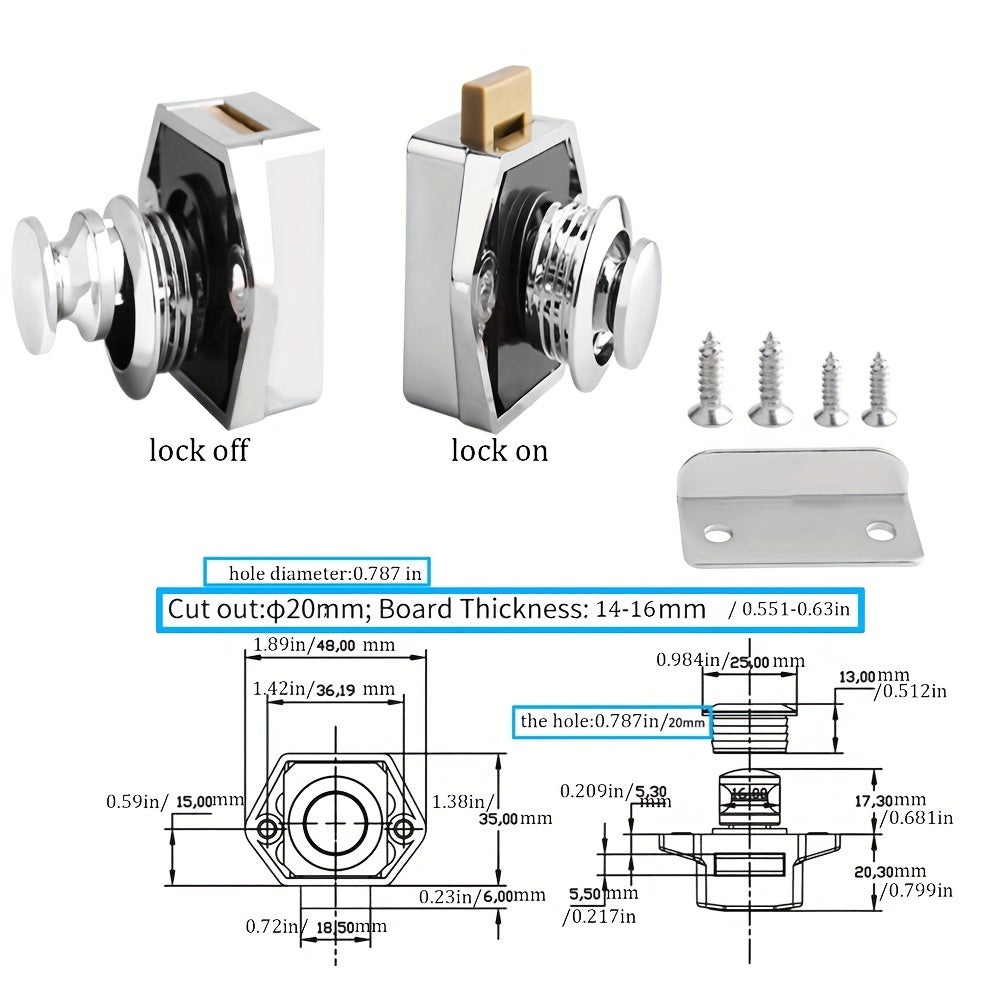 5 RV push button cabinet latches for RVs, yachts, motorhomes, campers, caravans, travel trailers, and boats.