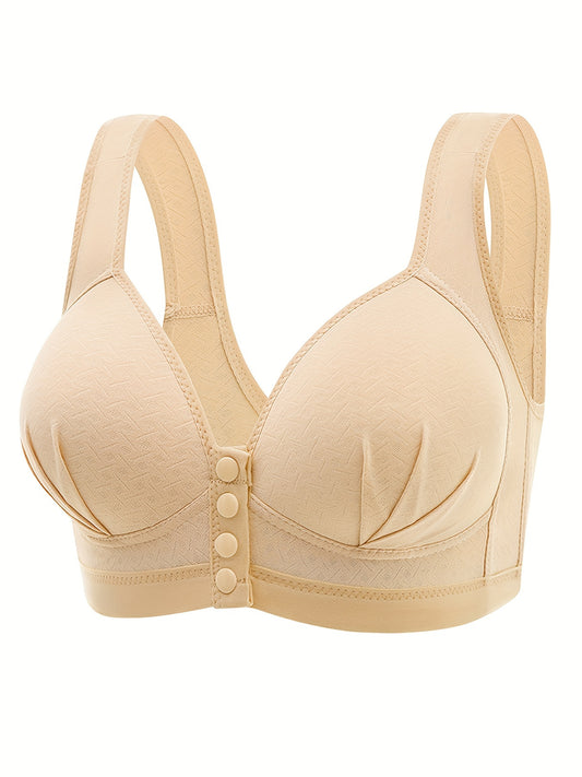 Wireless front buckle push-up bra for women, comfortable and breathable lingerie.