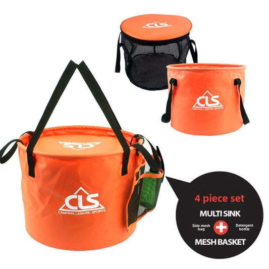 New Outdoor Folding Double Layer Bucket with Drain Basket for Washing Vegetables and Dishes, Great for Camping and Fishing. Includes Telescopic Fishing Bucket and Gear Bag.